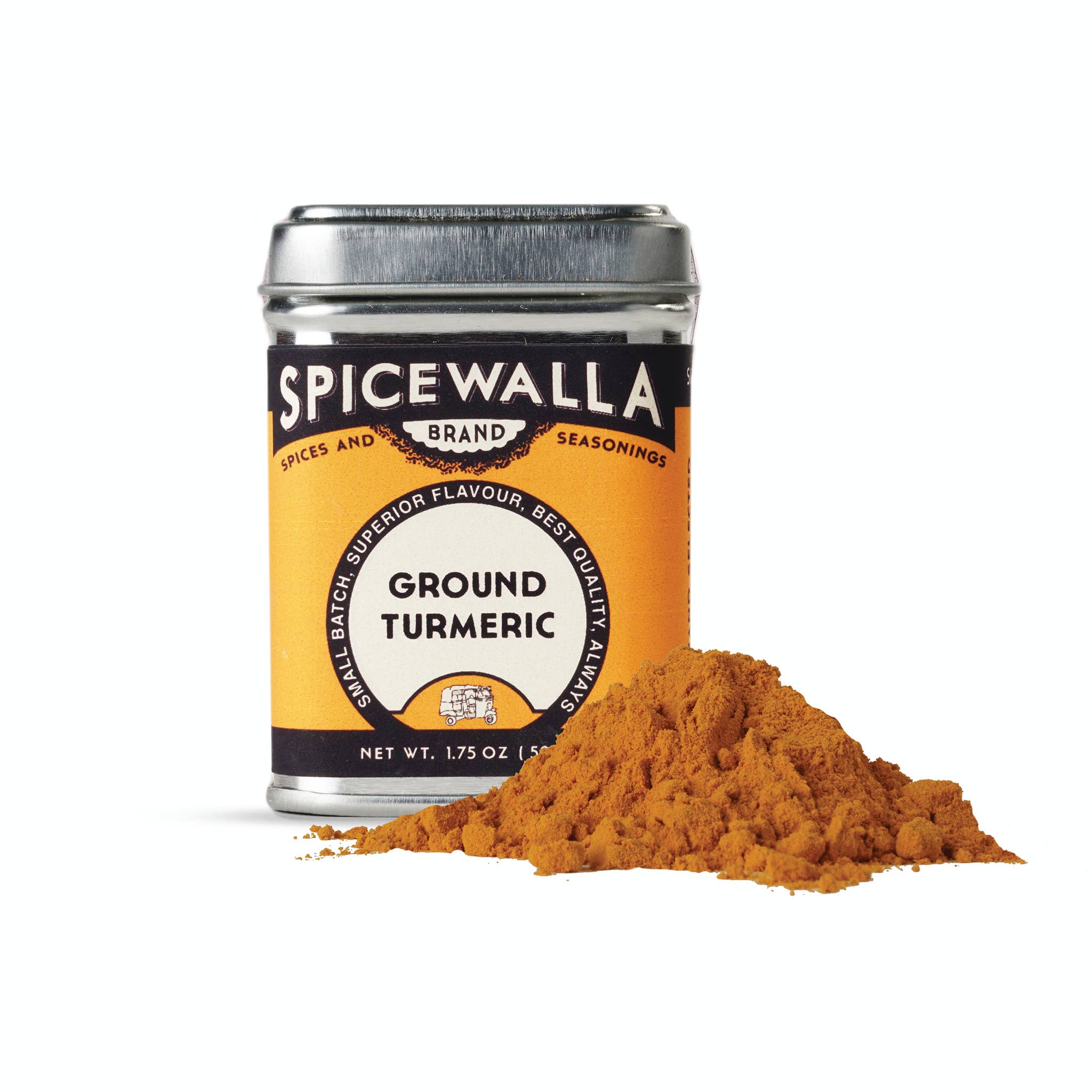 A tin can of Spicewalla ground turmeric. In front of the can is the spice / seasoning laid out