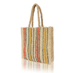 Chloe & Lex - Orange-Yellow Stripes Cotton and Pure Jute  Tote Bag