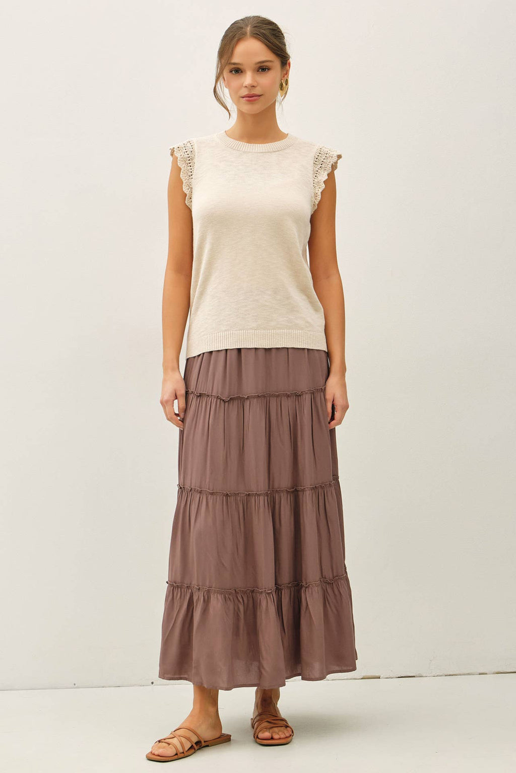 Be Cool - CROCHET RUFFLE CAP SLEEVE SLUBBED SWEATER TOP