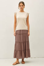 Be Cool - CROCHET RUFFLE CAP SLEEVE SLUBBED SWEATER TOP