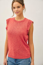 Be Cool - CROCHET RUFFLE CAP SLEEVE SLUBBED SWEATER TOP