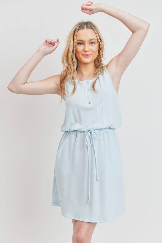 Cherish Apparel - D7375 Sleeveless Henley Style French Terry Dress