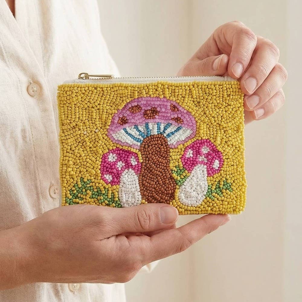 Collections by Fame Accessories - Vibrant Mushrooms Seed Beaded Coin Purse