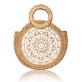 Round Jute Tote bag with Wooden Handle White Floral Design