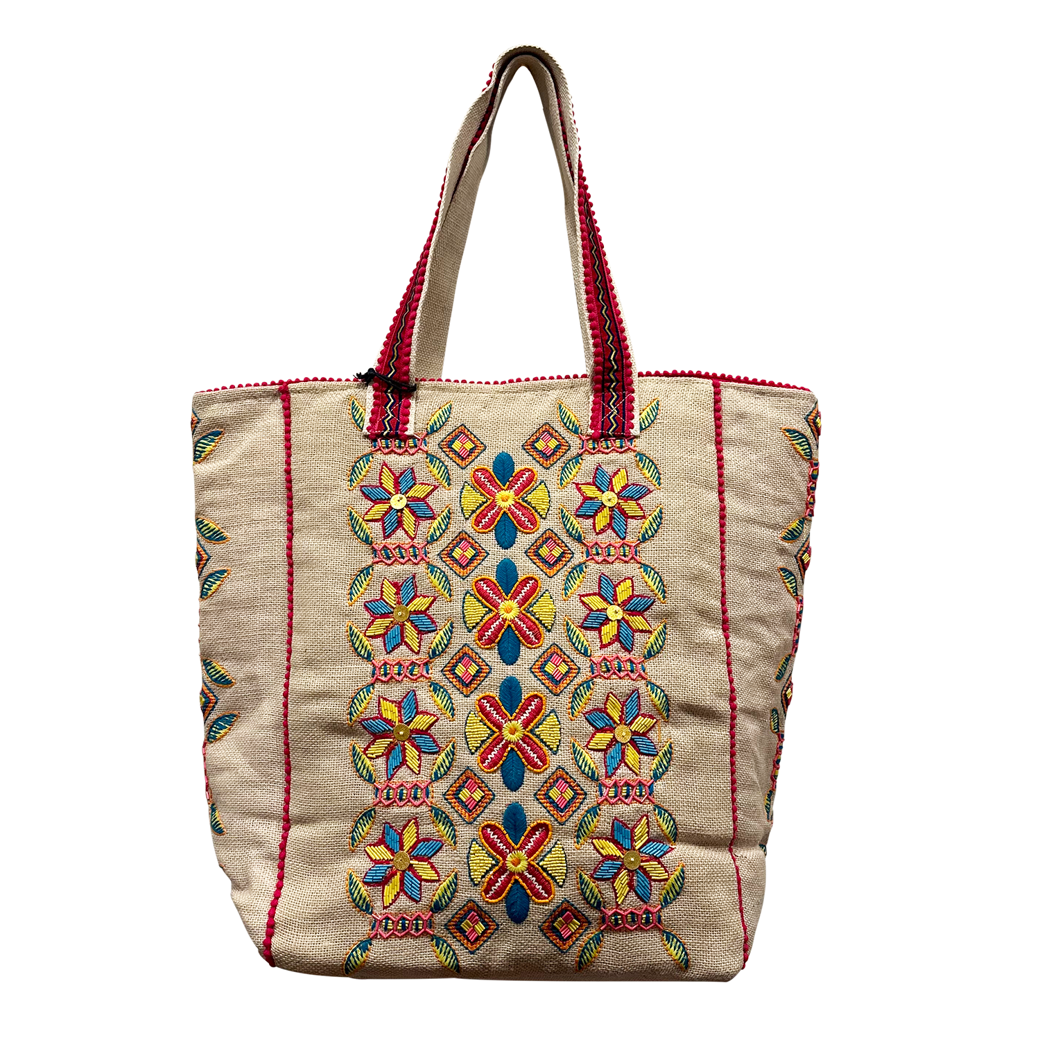 Chloe & Lex - Embroidered and Beaded Flowers Pure Jute Tote Bag