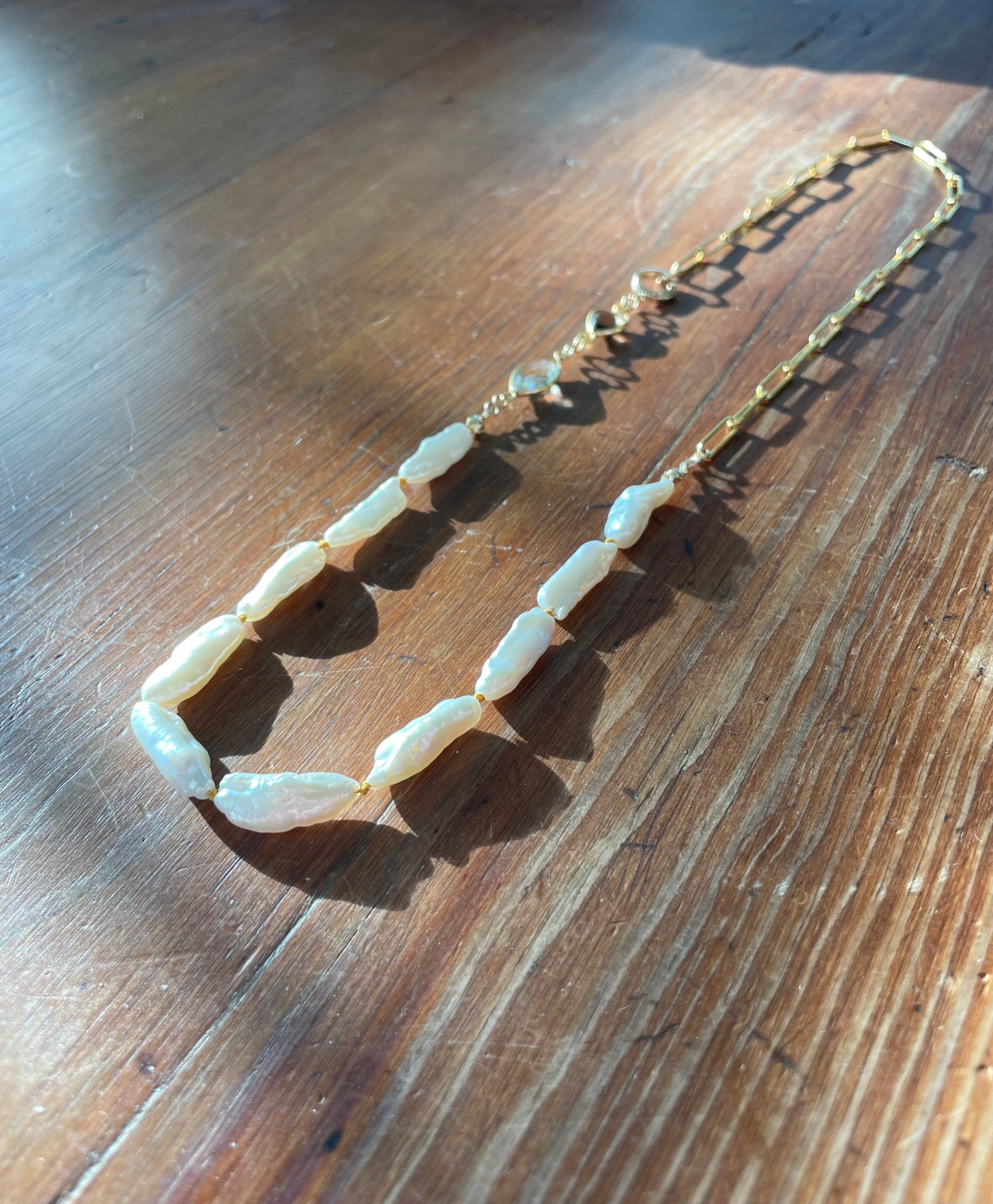 Live Oak Designs - Flat Drawn Chain With Biwa Pearls, Prasiolite, and Smoky Quartz Necklace
