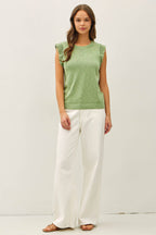 Be Cool - CROCHET RUFFLE CAP SLEEVE SLUBBED SWEATER TOP