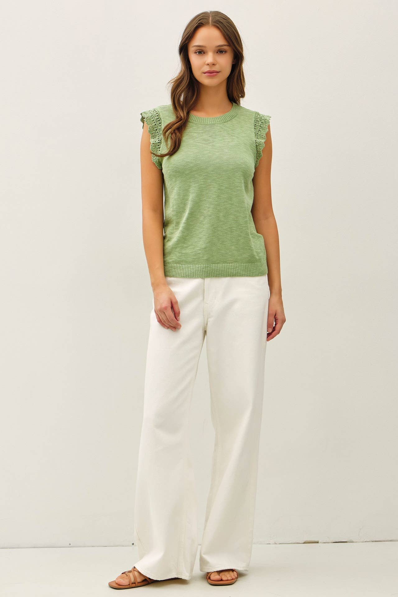 Be Cool - CROCHET RUFFLE CAP SLEEVE SLUBBED SWEATER TOP