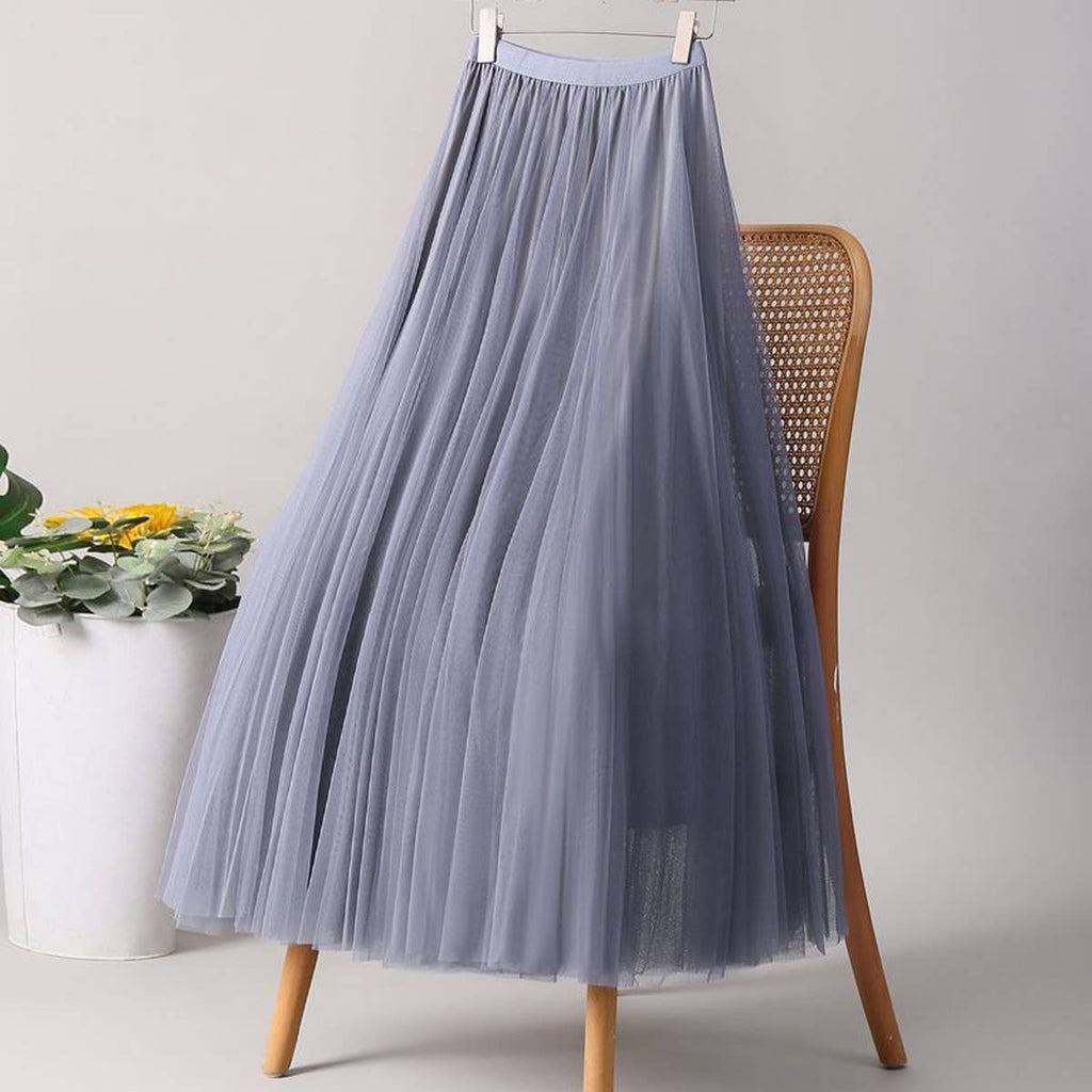 ACCITY - SOLID COLOR ELASTIC-WAIST MESH TULLE A-LINE SKIRT