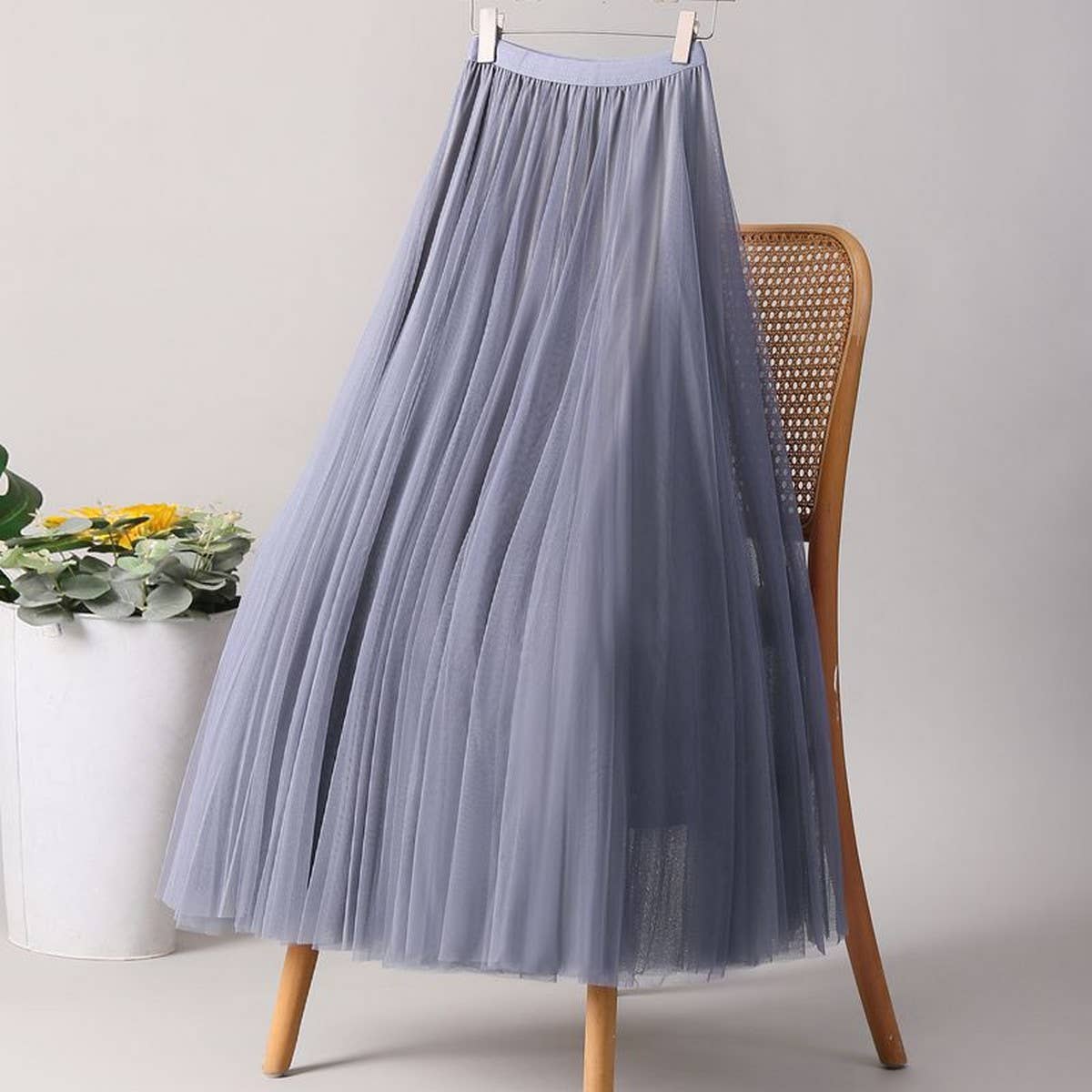 ACCITY - SOLID COLOR ELASTIC-WAIST MESH TULLE A-LINE SKIRT