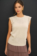 Be Cool - CROCHET RUFFLE CAP SLEEVE SLUBBED SWEATER TOP