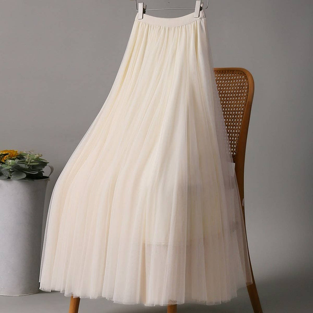 ACCITY - SOLID COLOR ELASTIC-WAIST MESH TULLE A-LINE SKIRT