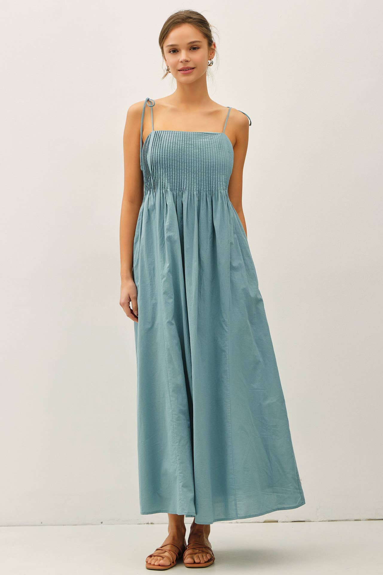 Be Cool - COTTON PINTUCK BODICE W TIE STRAP MAXI DRESS