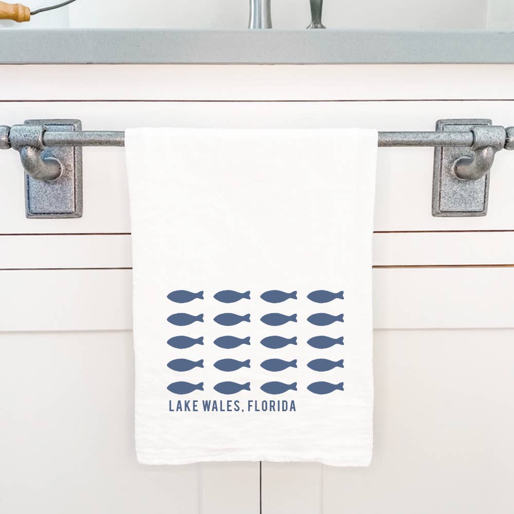Cottage Shore - Hand Drawn Fish City State - Custom Cotton Tea Towel