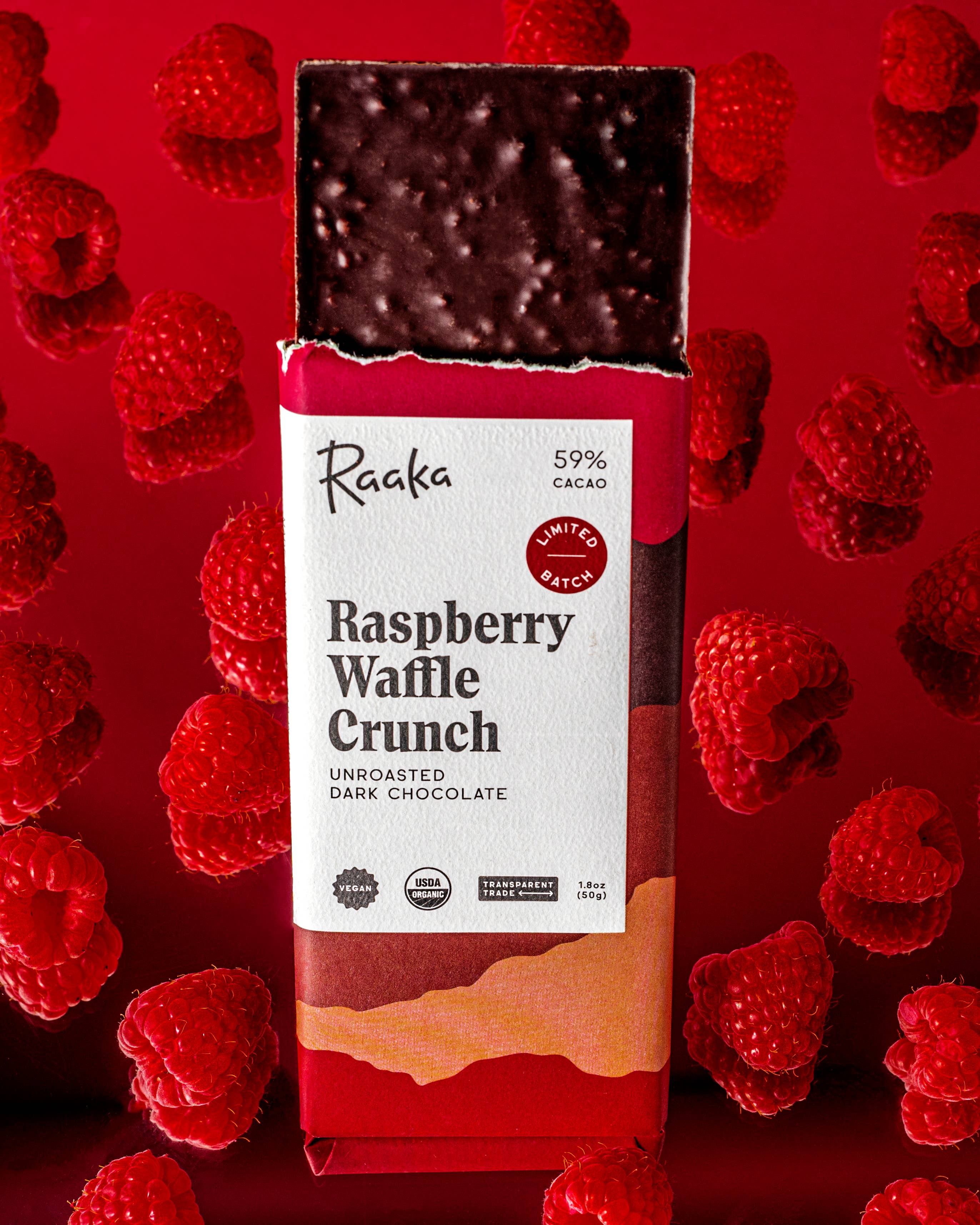 Raaka Chocolate - 59% Raspberry Waffle Crunch Bar - Valentine's Limited Batch