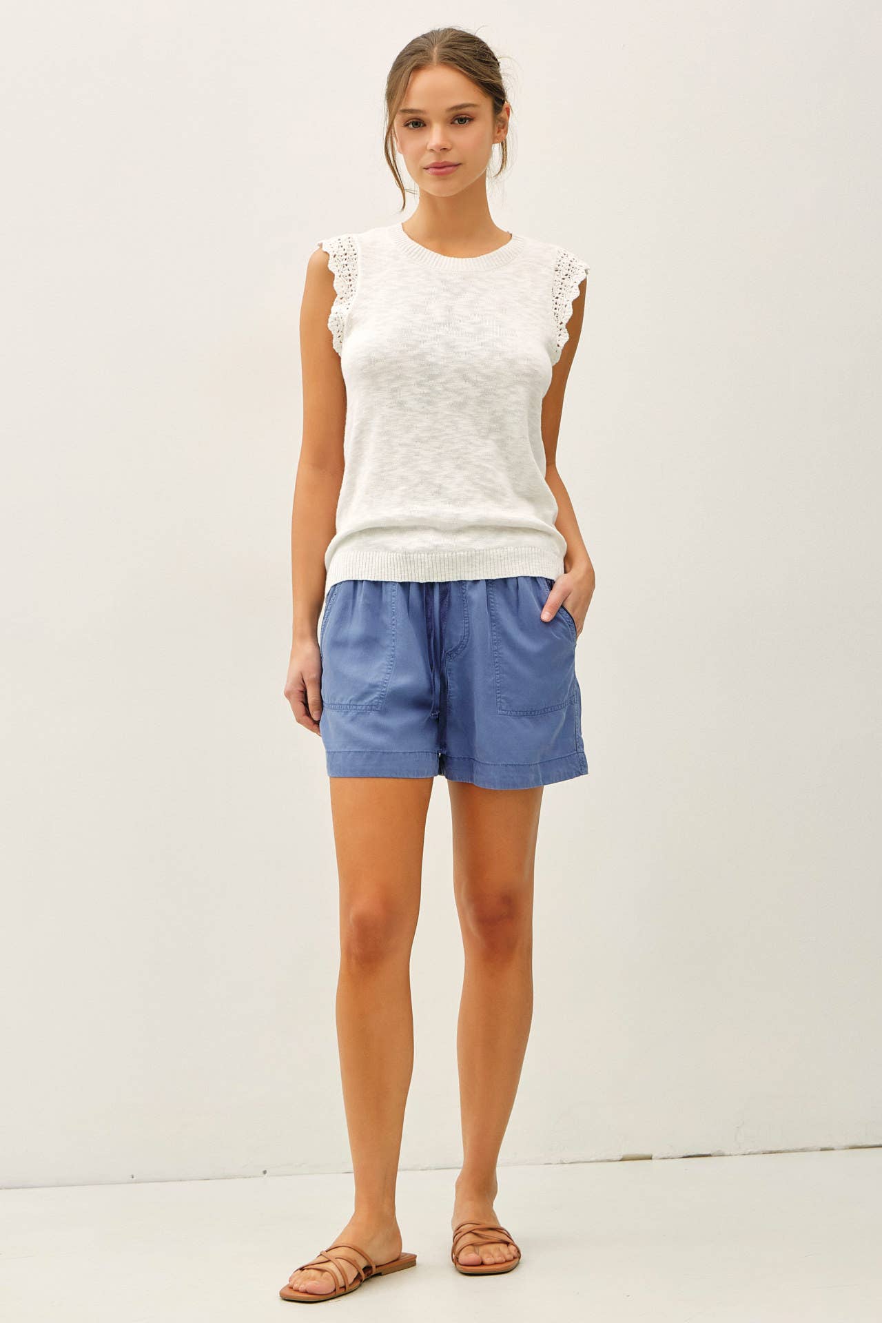 Be Cool - CROCHET RUFFLE CAP SLEEVE SLUBBED SWEATER TOP