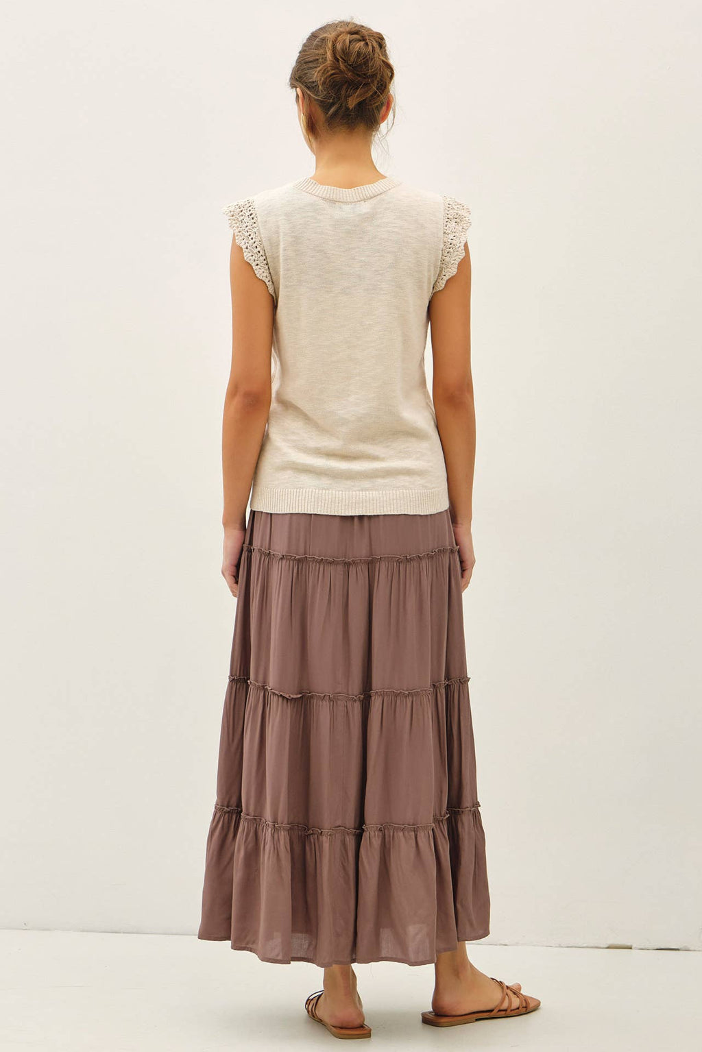 Be Cool - CROCHET RUFFLE CAP SLEEVE SLUBBED SWEATER TOP