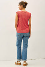 Be Cool - CROCHET RUFFLE CAP SLEEVE SLUBBED SWEATER TOP