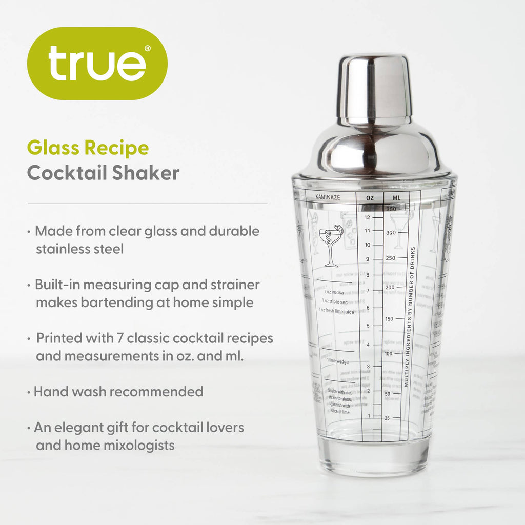 TRUE - 7-Cocktail Recipe Stainless Steel & Glass Shaker - 13.5 oz