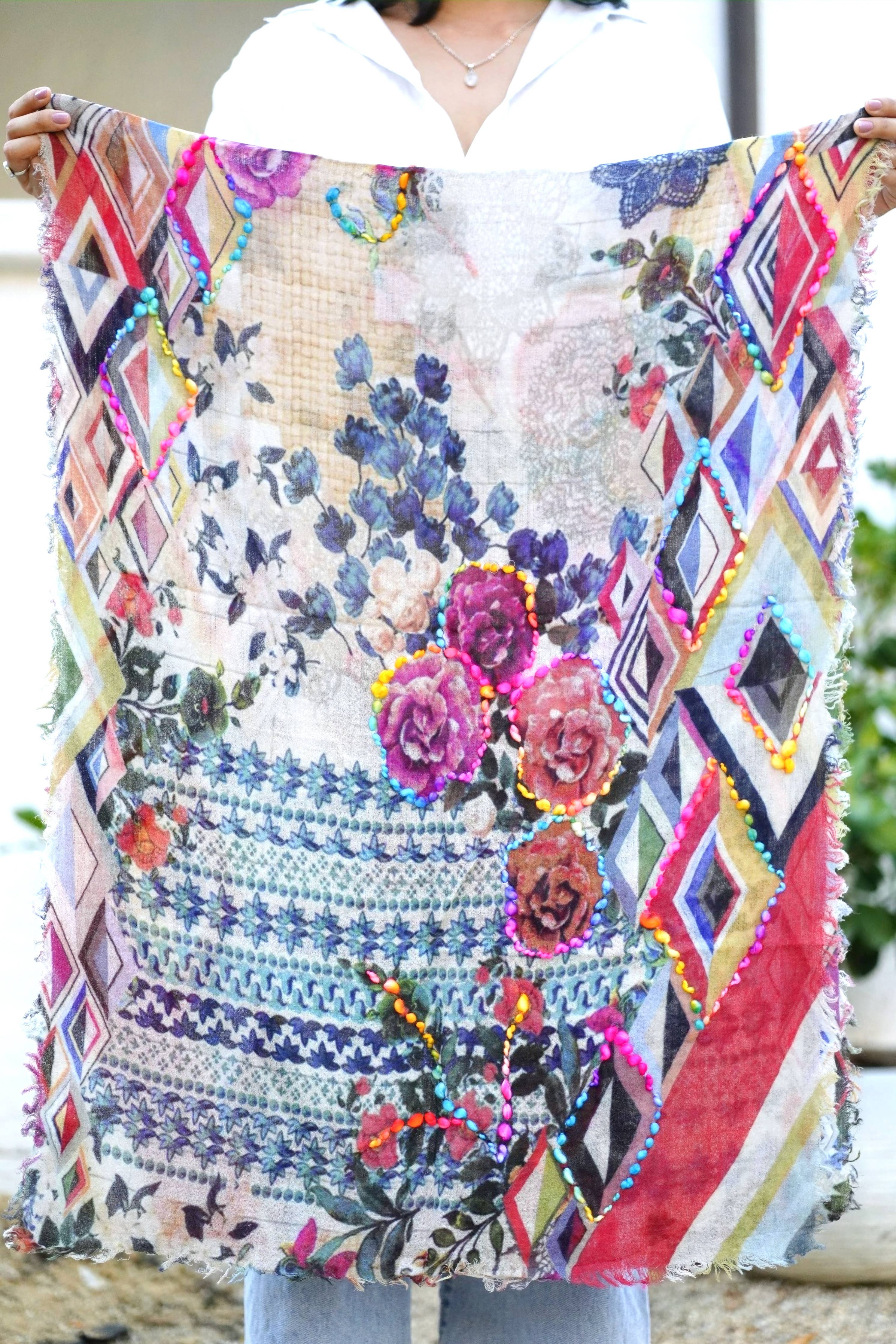 Dolma - Gul Embroidered Floral WoolScarf/Wrap 