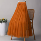 ACCITY - SOLID COLOR ELASTIC-WAIST MESH TULLE A-LINE SKIRT