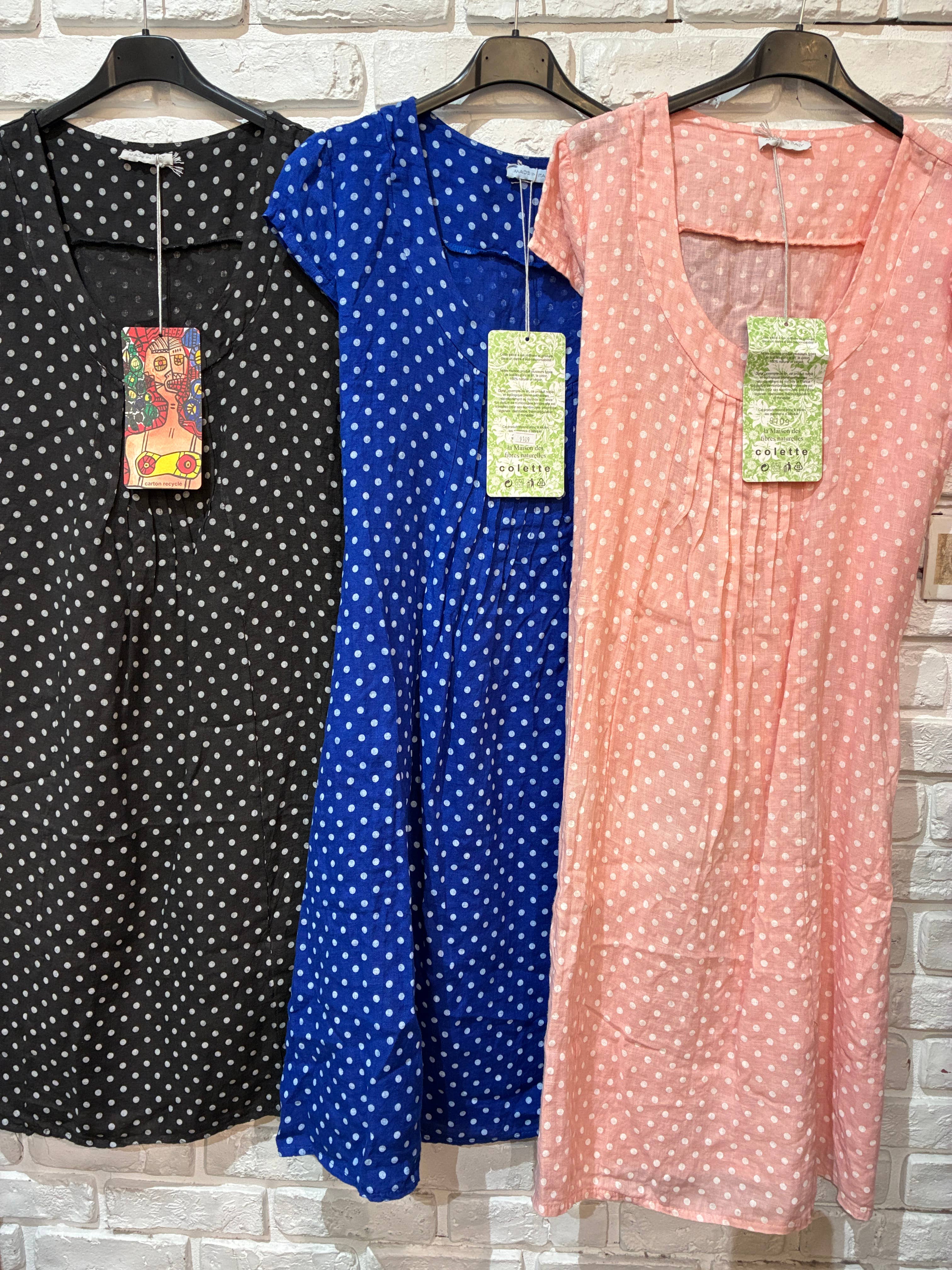 la maison des fibres naturelles - Polka dot patterned linen dress 9109 100% linen