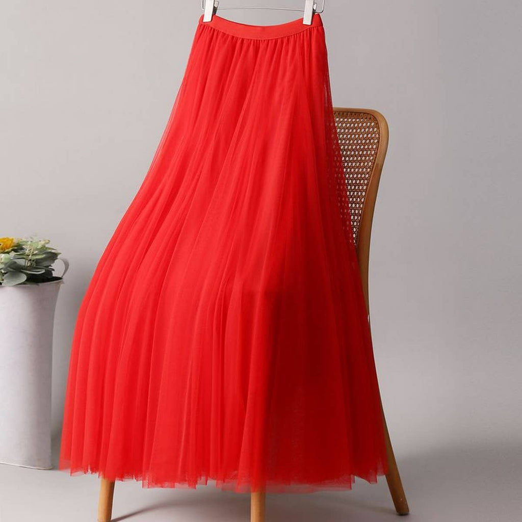 ACCITY - SOLID COLOR ELASTIC-WAIST MESH TULLE A-LINE SKIRT