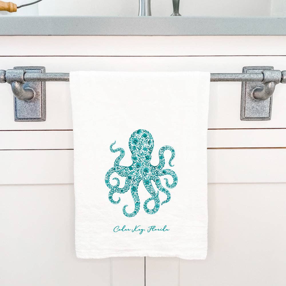 Cottage Shore - Watercolor Floral Teal Octopus - Custom Cotton Tea Towel