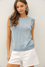 Be Cool - CROCHET RUFFLE CAP SLEEVE SLUBBED SWEATER TOP