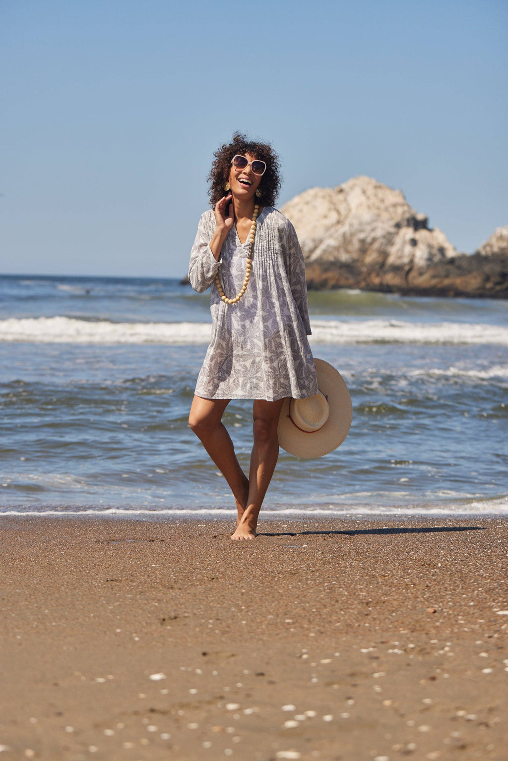 PALM LEAVES GREY Pintuck Beach Cover Up, Recycled Cotton