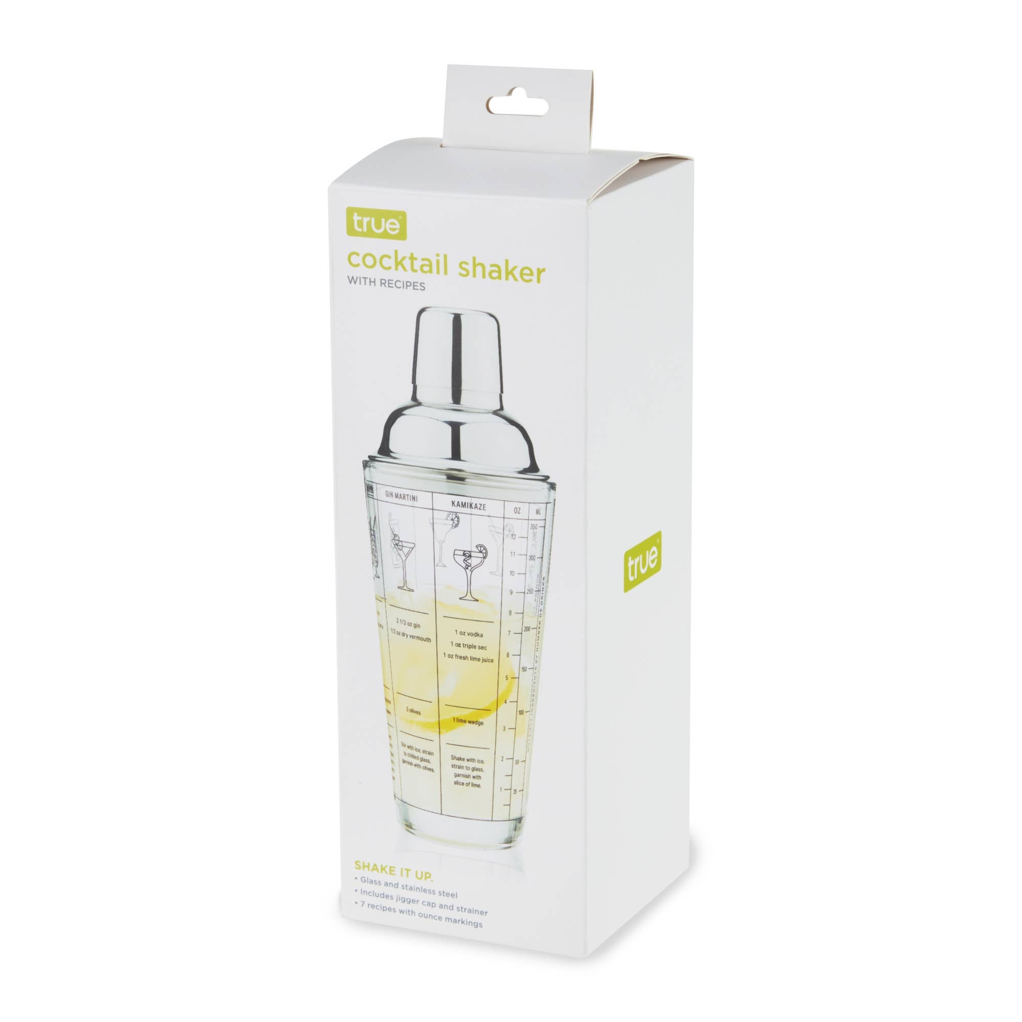 TRUE - 7-Cocktail Recipe Stainless Steel & Glass Shaker - 13.5 oz