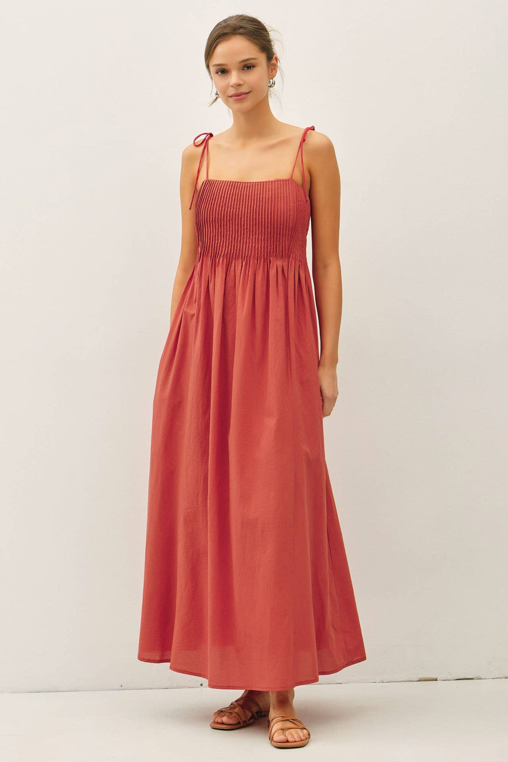 Be Cool - COTTON PINTUCK BODICE W TIE STRAP MAXI DRESS