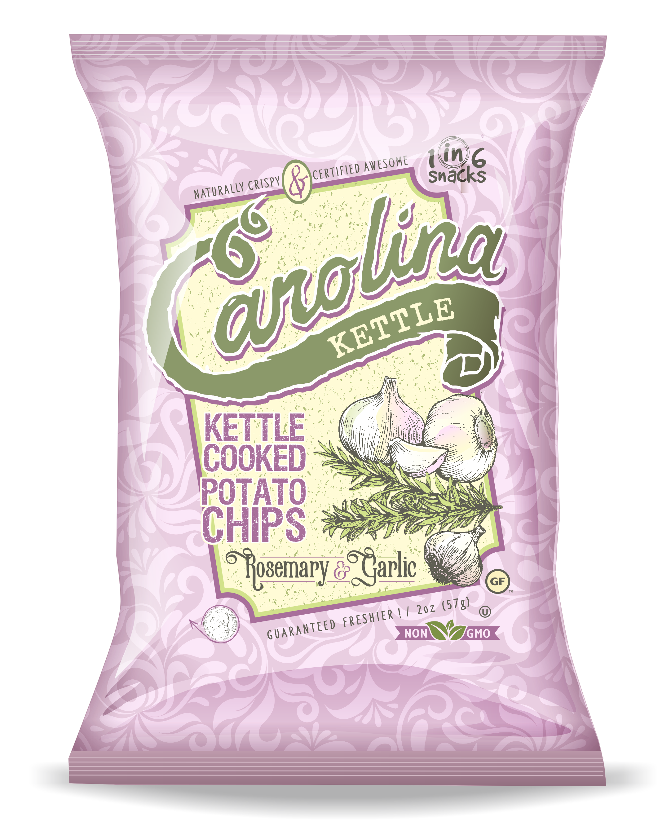 1 in 6 Snacks- Carolina Kettle chips - Rosemary & Garlic Carolina Kettle Chips 5 oz