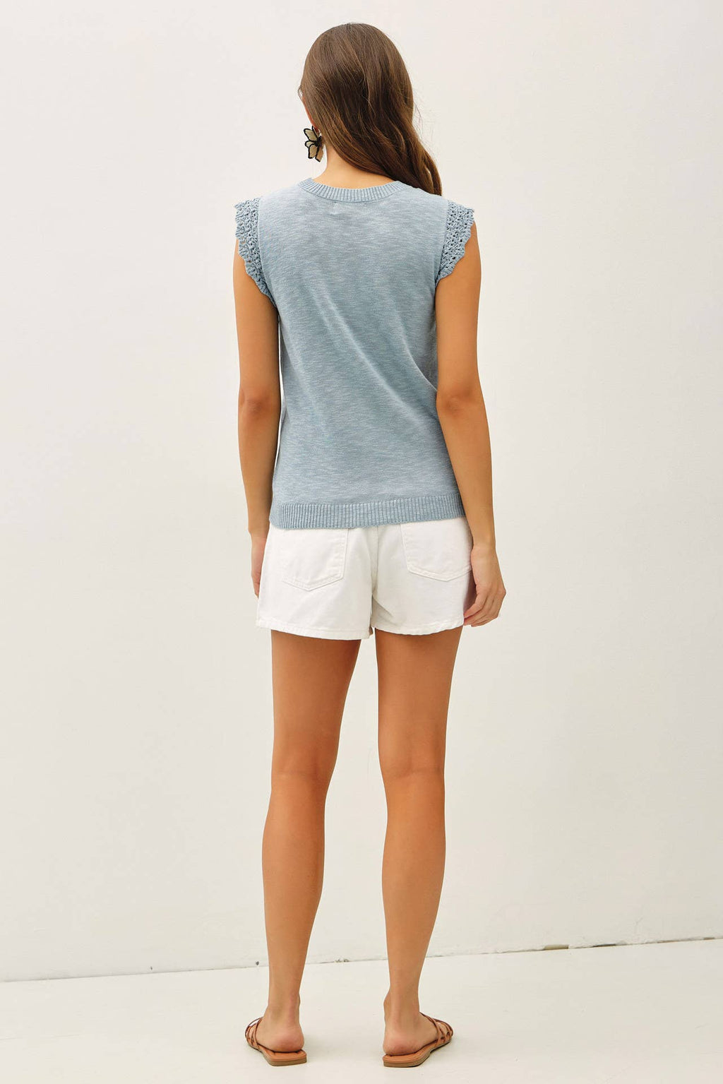 Be Cool - CROCHET RUFFLE CAP SLEEVE SLUBBED SWEATER TOP