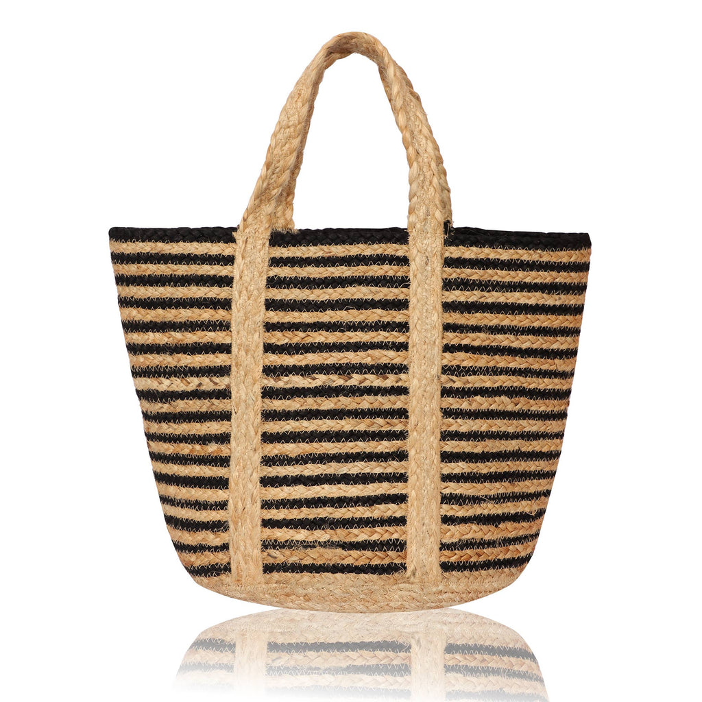 Chloe & Lex - Black-Natural Stripe Cotton & Jute Fibers Tote Bag