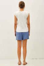 Be Cool - CROCHET RUFFLE CAP SLEEVE SLUBBED SWEATER TOP