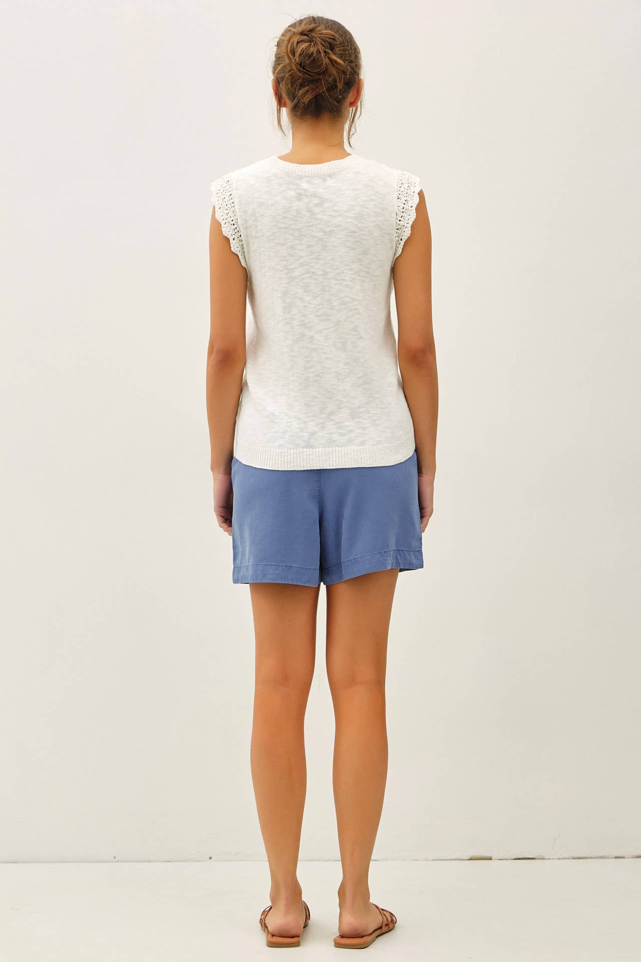 Be Cool - CROCHET RUFFLE CAP SLEEVE SLUBBED SWEATER TOP