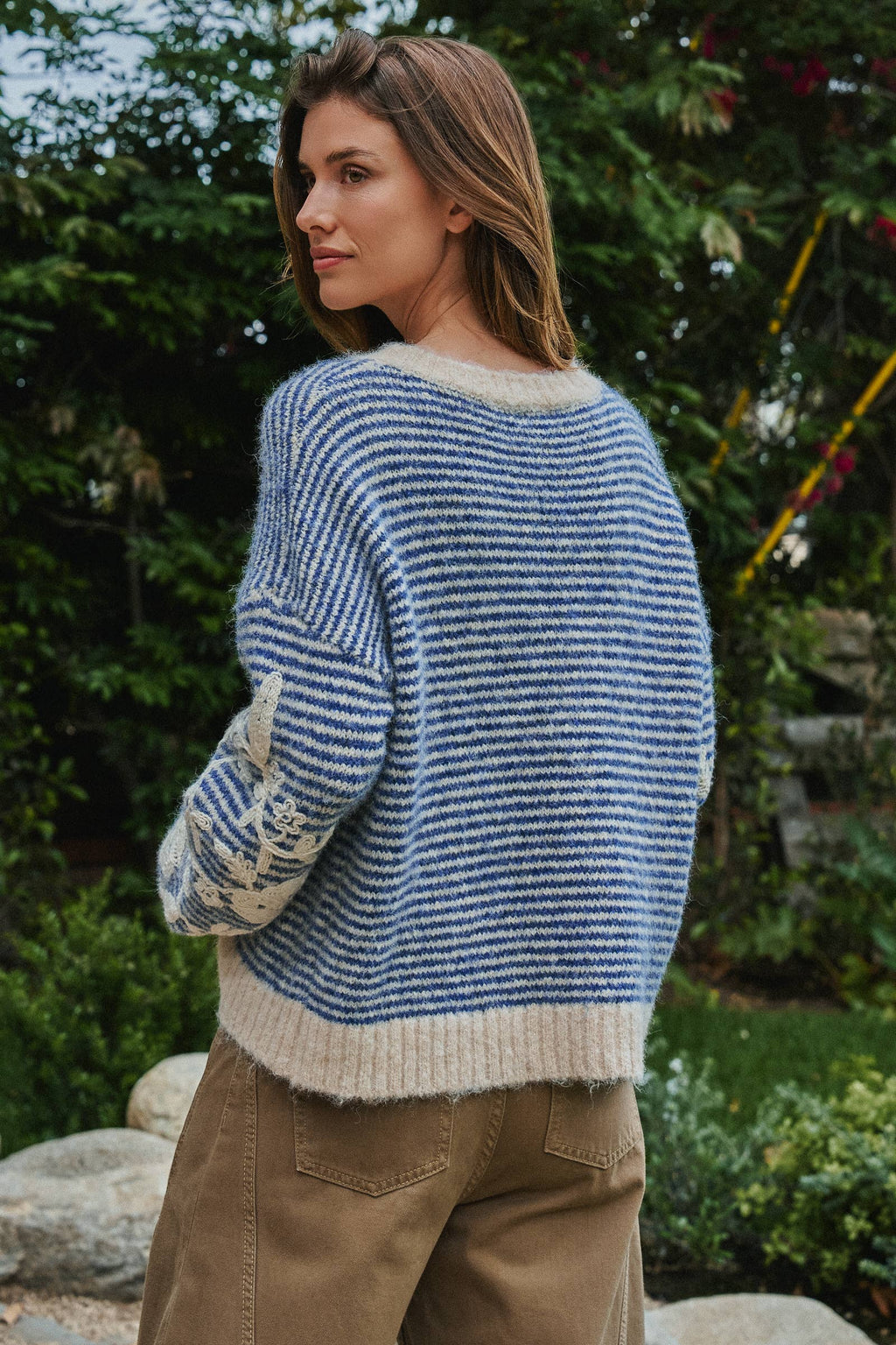 Urban Daizy - Floral Embroidered Striped Knit Sweater