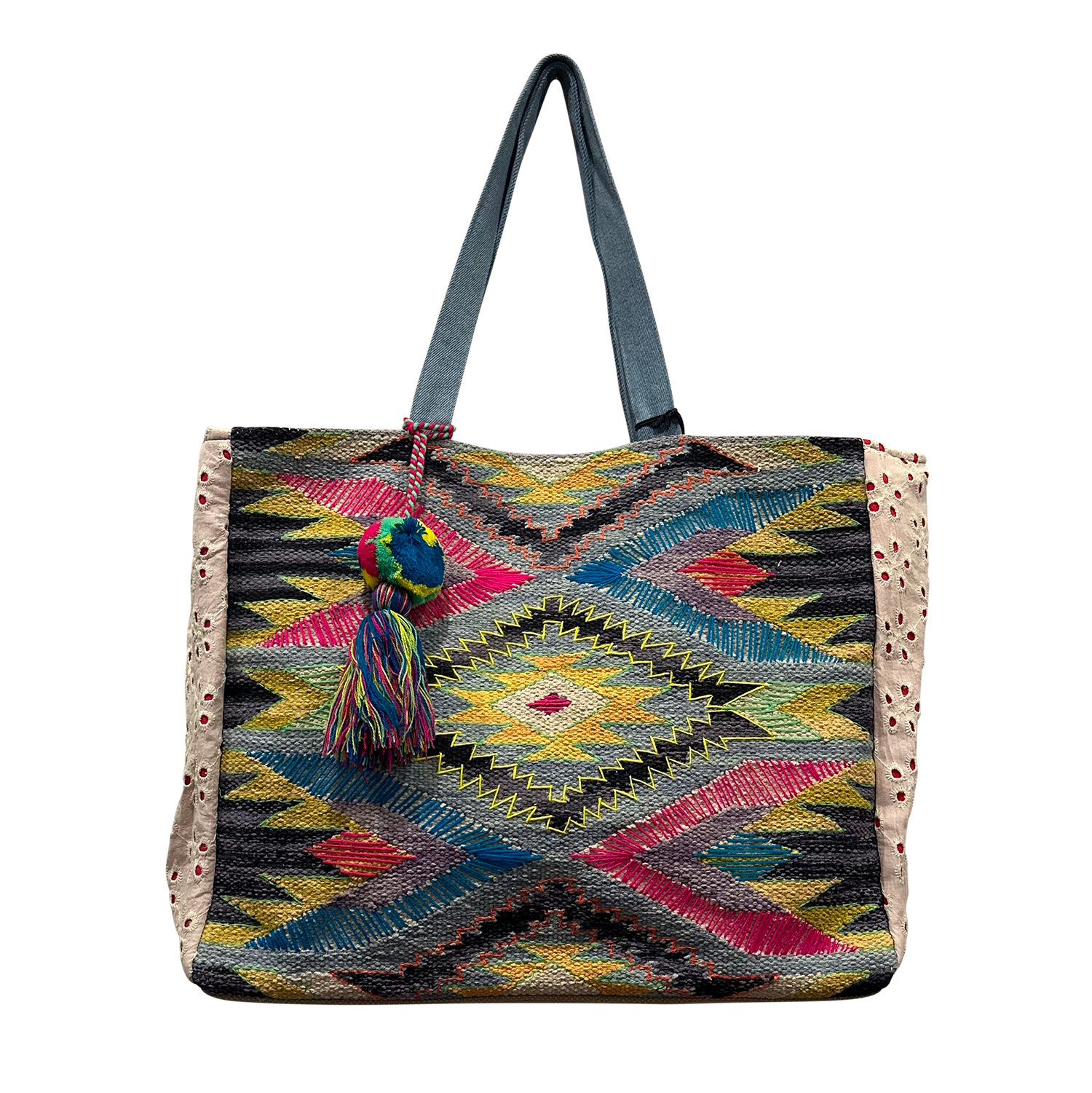 Chloe & Lex - Aztec Blue/Pink/Yellow Pure Cotton Canvas Tote Bag