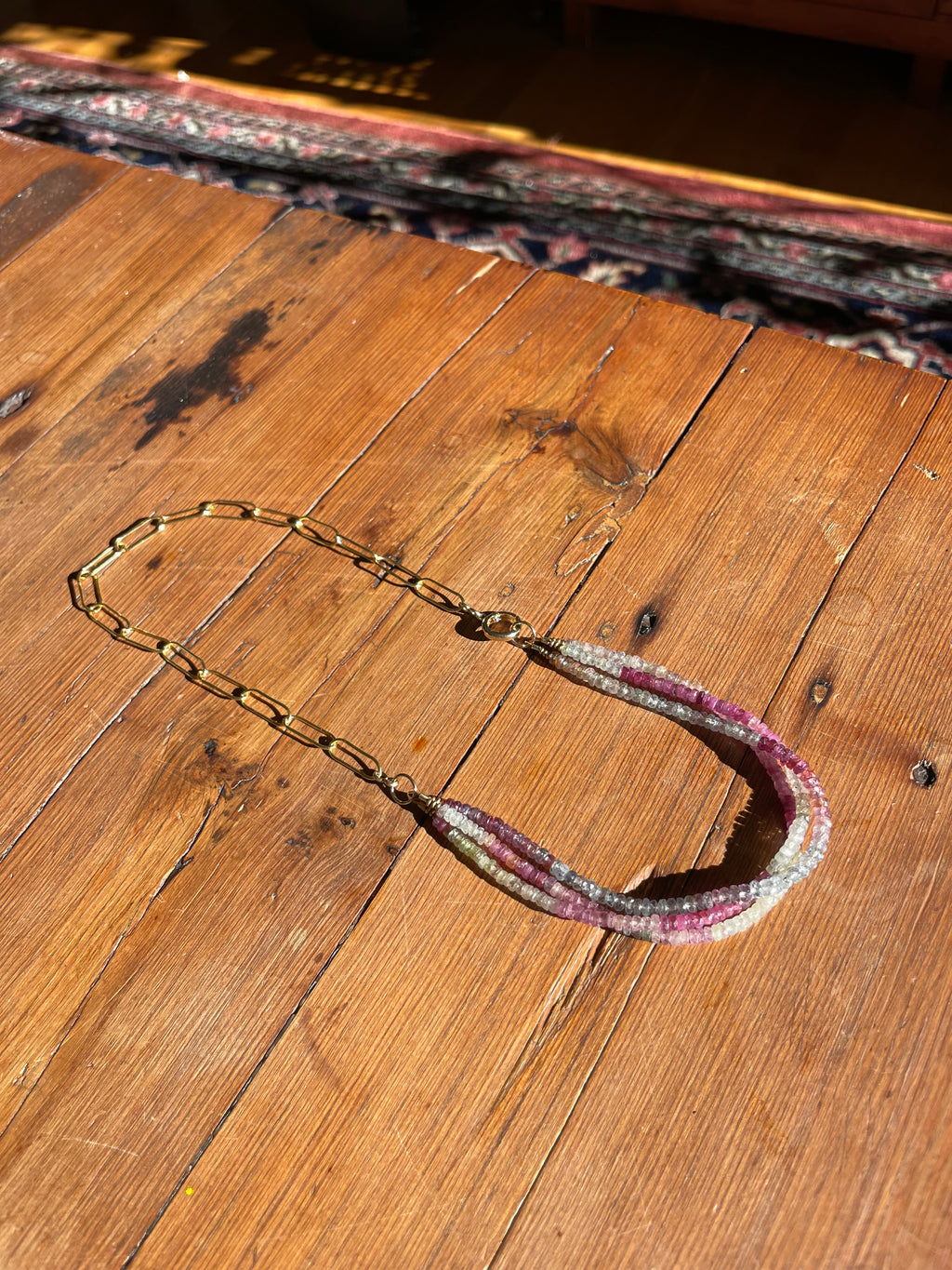 Live Oak Designs - Umba Sapphire and Spinel 3 Rows With Oval Cable Chain Necklace