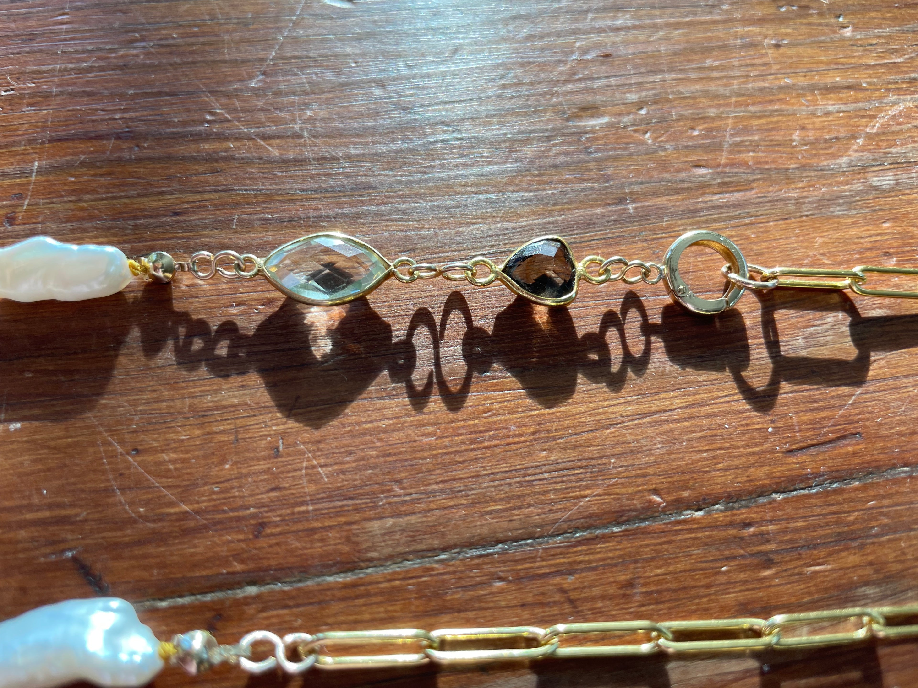 Live Oak Designs - Flat Drawn Chain With Biwa Pearls, Prasiolite, and Smoky Quartz Necklace