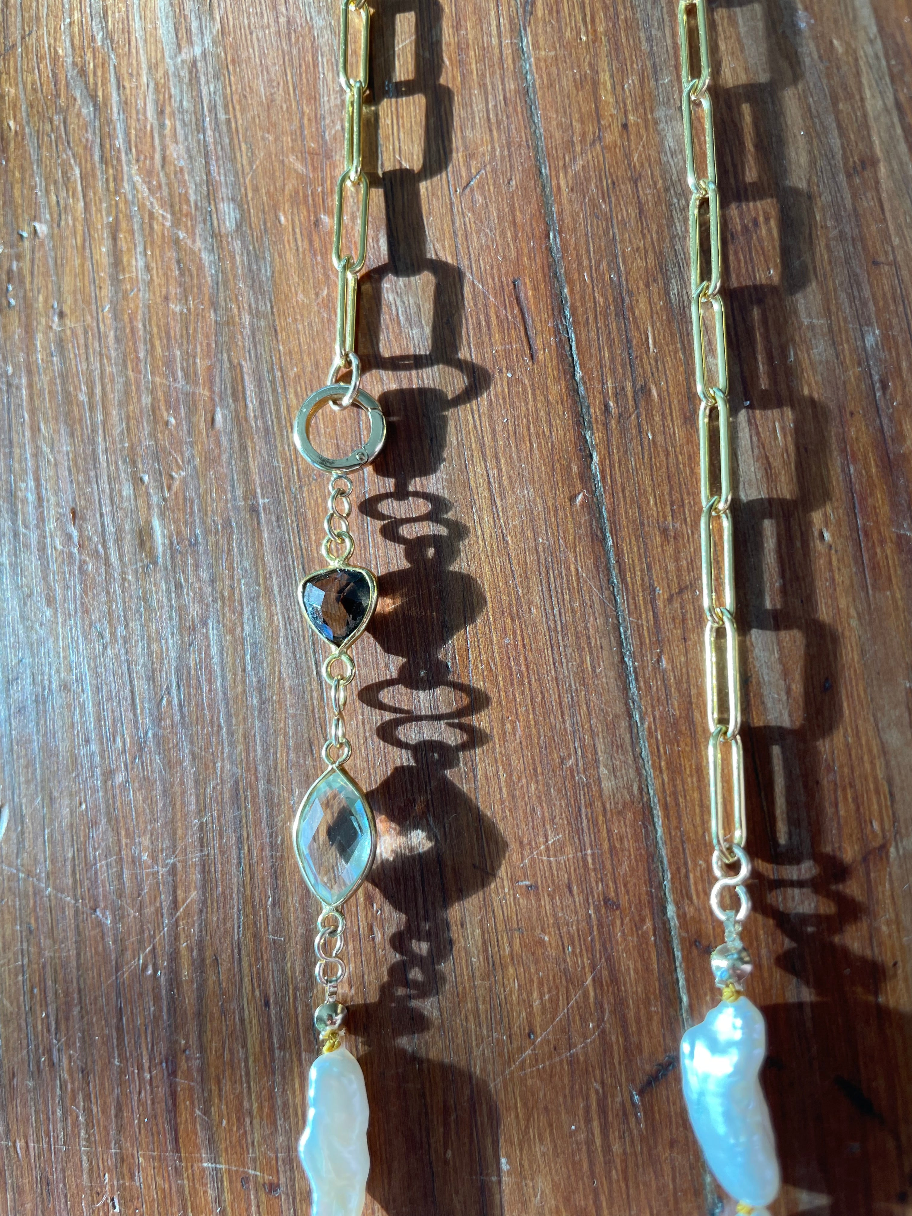Live Oak Designs - Flat Drawn Chain With Biwa Pearls, Prasiolite, and Smoky Quartz Necklace