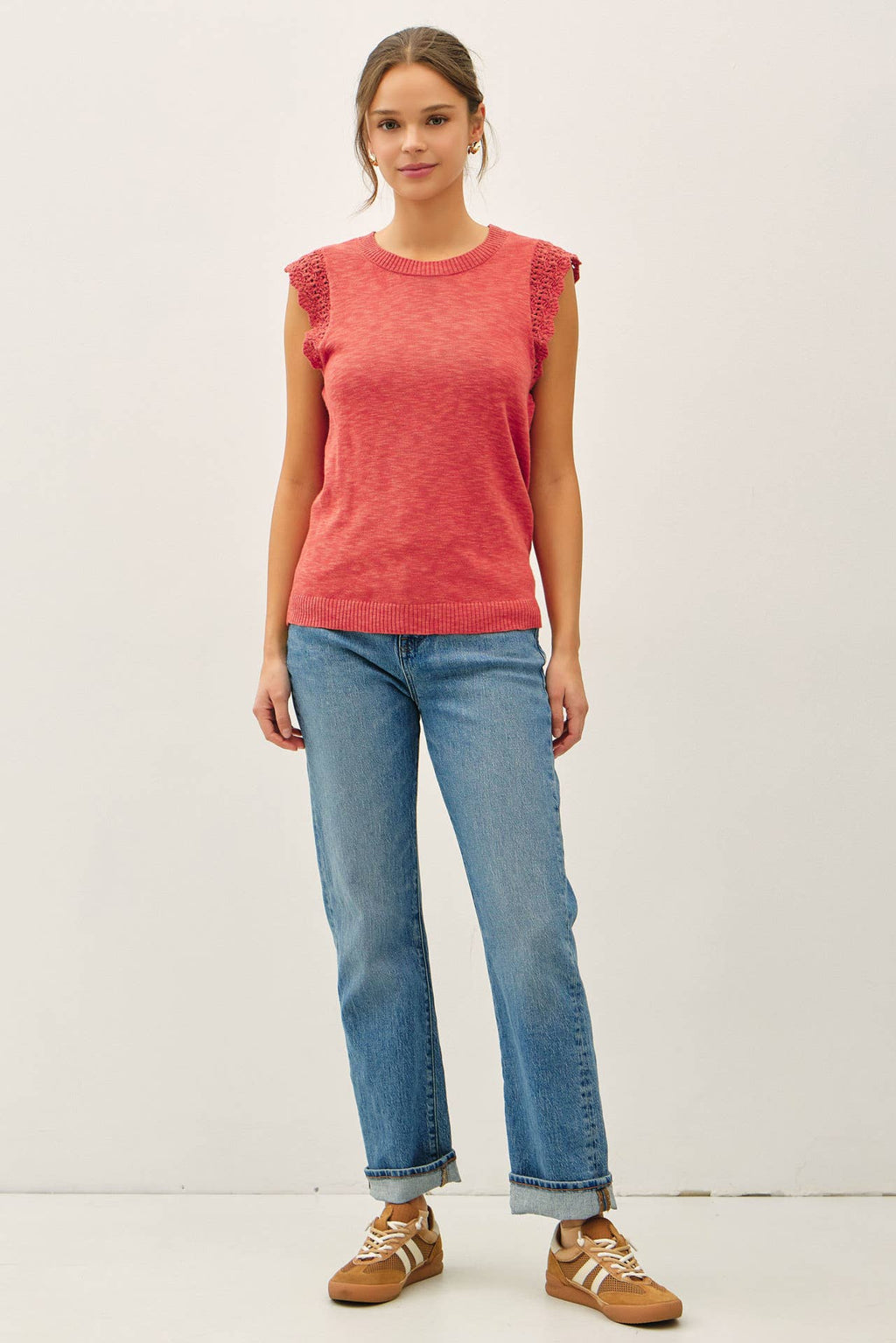 Be Cool - CROCHET RUFFLE CAP SLEEVE SLUBBED SWEATER TOP