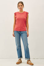 Be Cool - CROCHET RUFFLE CAP SLEEVE SLUBBED SWEATER TOP