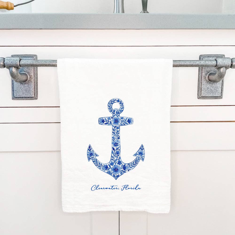 Cottage Shore - Watercolor Floral Navy Anchor - Beaufort, NC Cotton Tea Towel