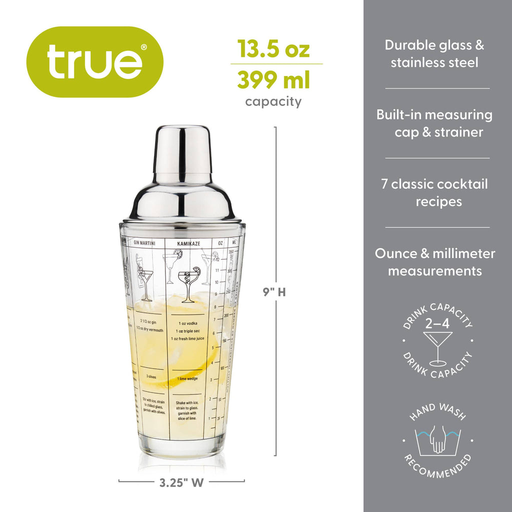 TRUE - 7-Cocktail Recipe Stainless Steel & Glass Shaker - 13.5 oz