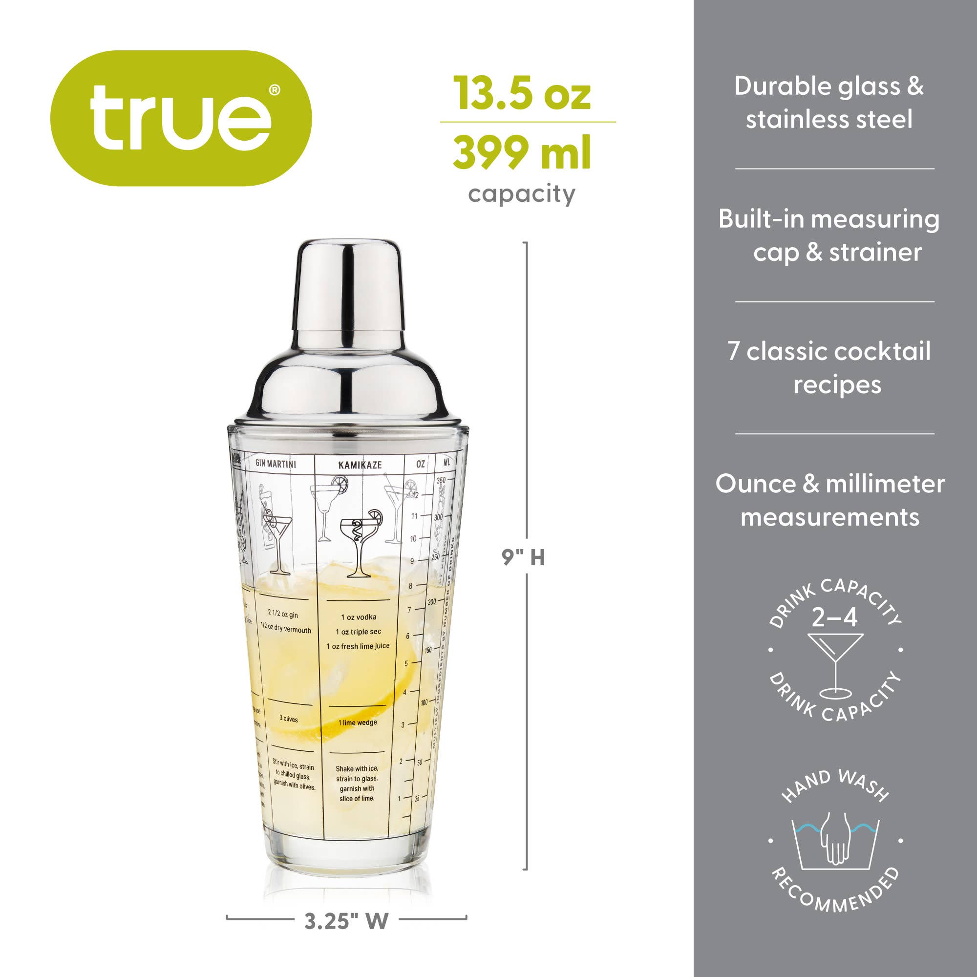 TRUE - 7-Cocktail Recipe Stainless Steel & Glass Shaker - 13.5 oz