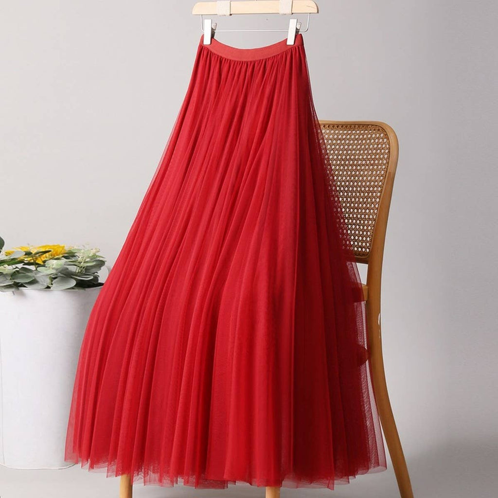 ACCITY - SOLID COLOR ELASTIC-WAIST MESH TULLE A-LINE SKIRT