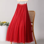 ACCITY - SOLID COLOR ELASTIC-WAIST MESH TULLE A-LINE SKIRT