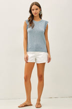 Be Cool - CROCHET RUFFLE CAP SLEEVE SLUBBED SWEATER TOP